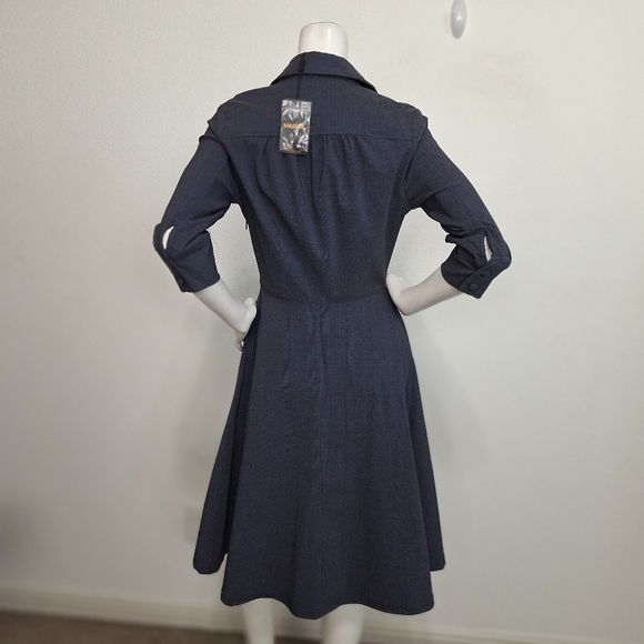 Musol “NEW” Blue Gray Preppy 3/4 Sleeves Pin Up Retro Pleated Midi Dress Size M - Picture 5 of 11